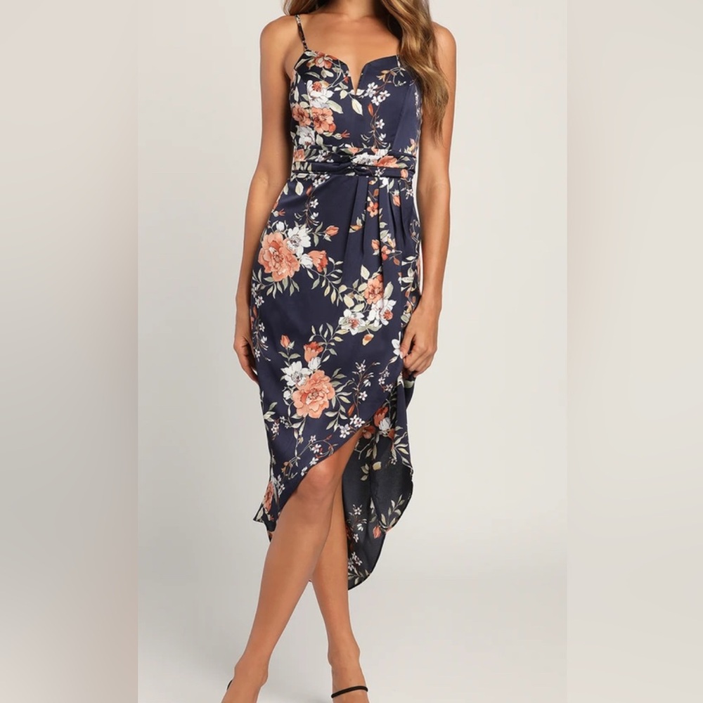 Lulus Navy Floral Midi Dress Large